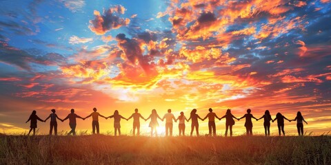 A group of diverse people linking arms in unity, against a background of a sunset sky, symbolizing solidarity