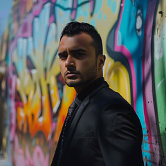 Mysterious Man in Dark Attire Standing in Front of Vibrant Graffiti Wall with Intimidating Gaze