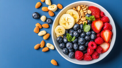 Wall Mural - Fresh blueberries and raspberries in a white bowl, perfect for a healthy breakfast or snack