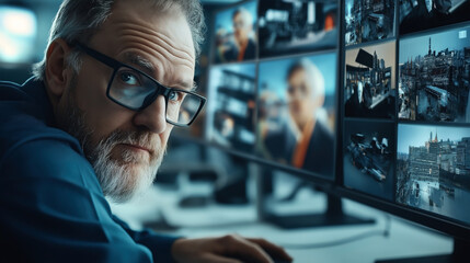 Wall Mural - An older man with glasses and a beard working at a multi-monitor setup, reviewing various images and information on the screens.