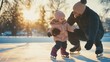 © Veronika - Dad teaches his daughter to skate on a sunny winter day. Father and daughter. Father's Day.