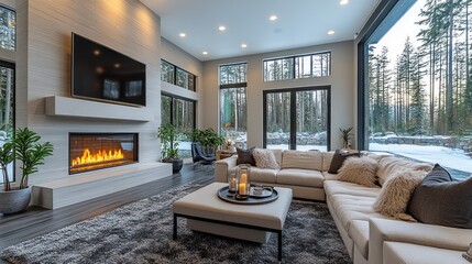 Wall Mural - Modern Living Room with Fireplace and Forest Views