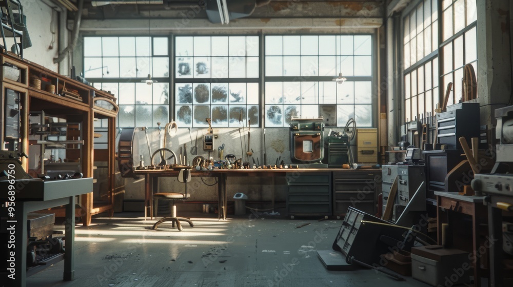 A cluttered yet fascinating workshop bathed in natural light, with an ...