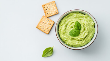 Wall Mural - Bowl of fresh guacamole with a side of whole grain crackers, brain-boosting snack, healthy and delicious. 