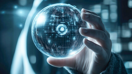 Person holds a glowing digital globe in their hand, symbolizing global connectivity and technology at night