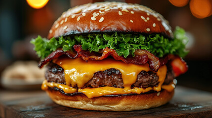 Juicy burger with layers of toppings, dripping with sauce, stacked high, bold and indulgent.