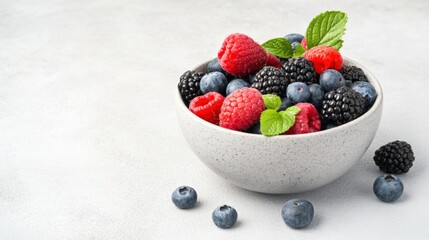 Fresh mixed berries in a bowl, featuring raspberries, blueberries, and blackberries, perfect for healthy desserts or snacks.