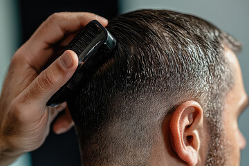 Stimulating Hair Growth: A Close-Up of a Man Using a Hair Growth Device on His Receding Hairline.