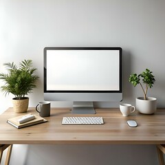 Clean and modern desktop mockup with a blank screen computer. keyboard. mouse. and two mugs.