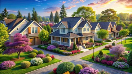 Aufkleber - Cozy modern homes with sloping roofs and inviting porches nestled among lush green trees and vibrant flowers in a serene isometric neighborhood setting.