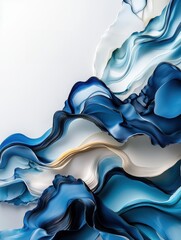 The image is a blue and white abstract painting of ocean waves