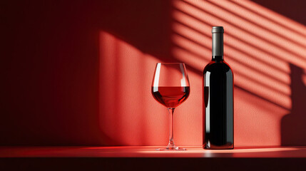 Bottle of red wine with a glass in dramatic lighting on a red background, perfect for wine advertising or luxury dining promotions.