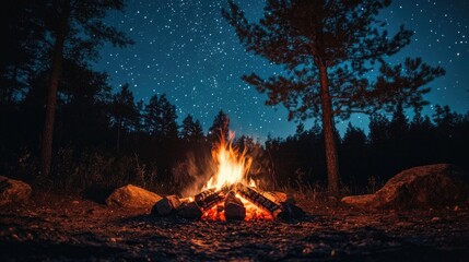 Wall Mural - Campfire Under a Starry Night Sky in the Woods