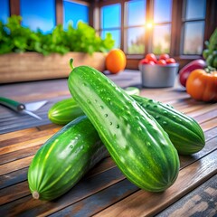 Fresh and vibrant 3D illustration of three cucumbers on a rustic wooden table.