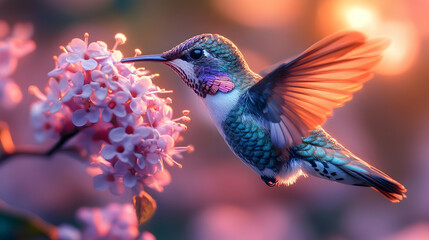 Hummingbird In Flight, Colorful Bird, Small Bird, Blurred Background, Pink Flowers, Nature Photography