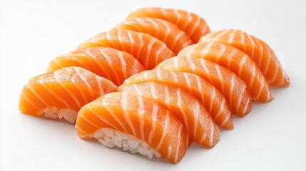 High-definition image of raw salmon sushi pieces arranged on a white background, highlighting the freshness and vibrant color of the fish.