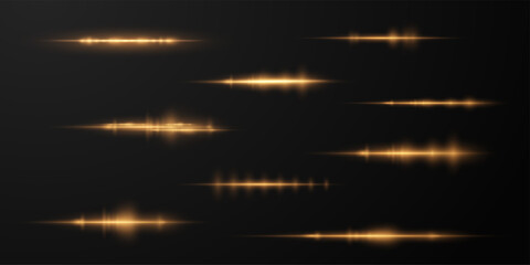 Wall Mural - Gold horizontal lens flares pack. Laser beams, horizontal light rays. PNG Collection effect light gold line png. Beautiful light flares. Glowing streaks on light background.	
