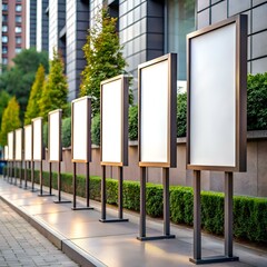 Wall Mural - A row of blank. vertical signboards with metal frames and stands. positioned on a paved sidewalk in front of an urban building.