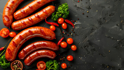 Whole and cut delicious boiled sausages on table, top view. Space for text