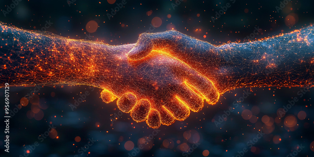 Fire Dapping Handshake Two hands, glowing with fire and light, reach out to each other in a ...