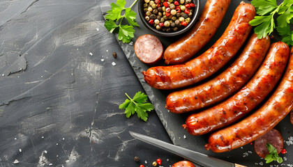 Wall Mural - Whole and cut delicious boiled sausages on table, top view. Space for text