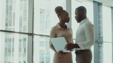 Sticker - Two colleagues engage in a thoughtful conversation in a modern office space, bathed in natural light from large windows.