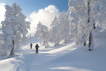 Two skiers traverse a snowy path, surrounded by towering, frost-covered trees, a brilliant blue sky and fluffy clouds above.