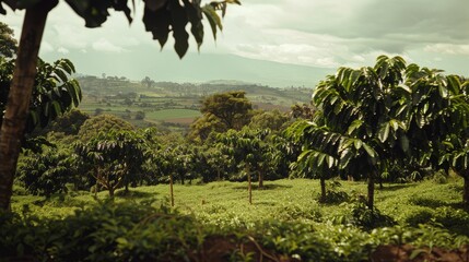 Poster - A lush green landscape with rows of trees and distant hills under a cloudy sky, capturing the serenity and expanse of nature.