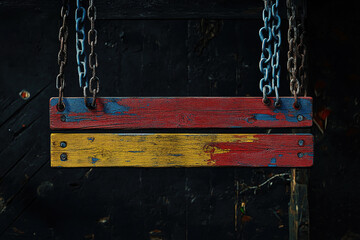 Rustic Wooden Board with Bright Red, Blue, and Yellow Paint Texture Hanging from Chains on a Black Backdrop - Versatile Sign Template