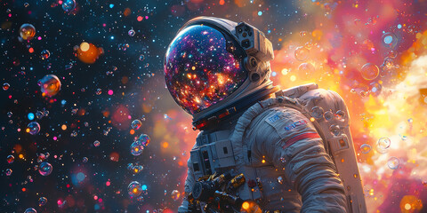 Wall Mural - An astronaut stands amidst a vibrant cosmic landscape, surrounded by glowing bubbles and stars.
