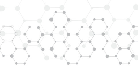Leinwandbilder - Molecular structure abstract tech background. Geometric white background. Vector banner design with hexagons. Science network pattern, connecting lines and dots Medical background, Vector illustration