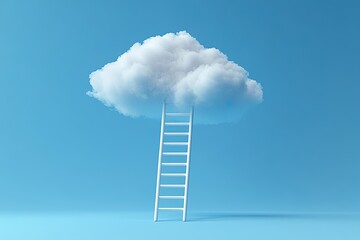 Ladders leading to a cloud. White clouds with a ladder on a pastel-colored wall background, a concept of success and change in business or life.