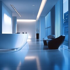 Poster - Minimalist and clean lined corporate reception area with a futuristic and innovative feel showcasing a sleek sophisticated and technology driven business aesthetic