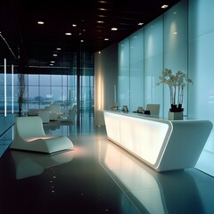 Poster - Innovative Corporate Reception Area with a Minimalist Clean and Futuristic Design Aesthetic to Impress Visitors and Reflect a Forward Thinking Business
