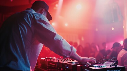 A DJ is immersed in music, skillfully mixing tracks against a backdrop of vibrant, colorful lighting, capturing the energy and excitement of a live performance.