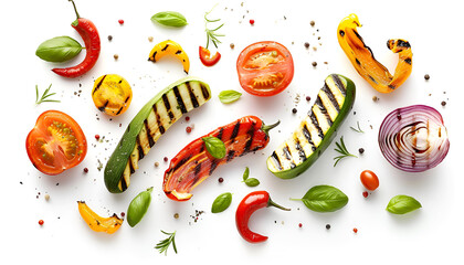 Wall Mural - Delicious grilled vegetables in air on white background