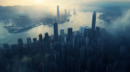 Aerial view of Hong Kong's iconic skyline at dusk with shimmering waters and towering skyscrapers