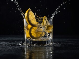 Poster - Bright Cocktail with Lemon and Splashing Water on Dark Background