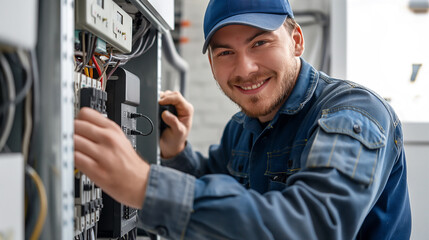 a happy commercial electrician or engineer in a blue cap and overalls with safety gears working on an electrical panel, power station, construction site or factory. Electrical system repair, wiring.	