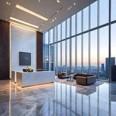 Poster - Elegant and sophisticated modern reception area in a high rise building featuring a minimalist interior design with floor to ceiling windows showcasing a stunning cityscape panorama