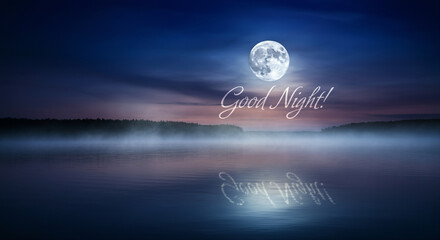 Poster - Moon reflection over misty water with night landscape and serene atmosphere