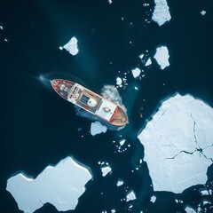 Wall Mural - An ice breaker breaking ice, aerial view. Aerial View of Ocean Icebergs. Ultra realistic. Photorealistic