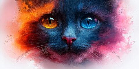 Wall Mural - Close-up of a cat's face with one blue eye and one yellow eye, set against a colorful background.