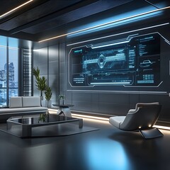 Poster - Cutting edge and Futuristic Tech Company Reception Area with Holographic Displays Minimalist Furniture and Innovative Technology