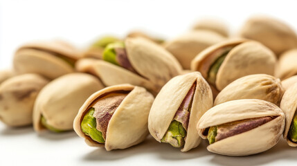 Close-up of tasty pistachios, isolated against a white background.