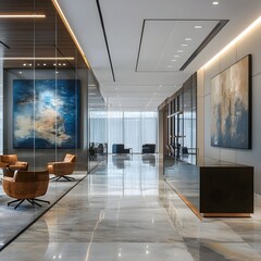 Poster - Elegant and efficient contemporary office reception area with glass partitions modern artwork on the walls and a professional business focused atmosphere  Showcases a clean