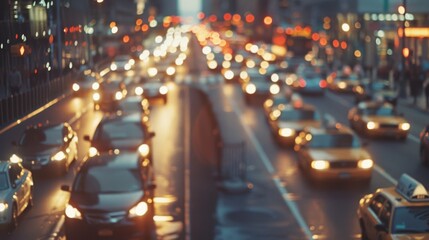 Wall Mural - A bustling city street congested with traffic under the evening glow, capturing the lively essence of urban commute.