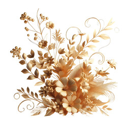 A 3D illustration of beautiful golden flowers and branches on a light isolated background