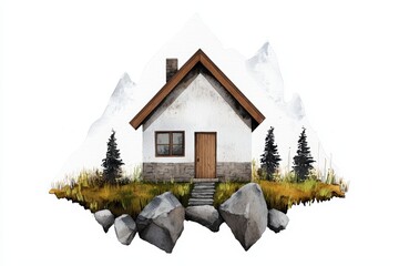 A charming mountain house surrounded by rocks and conifer trees, set against a serene backdrop of snowy mountains.