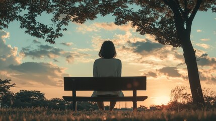 A Japanese woman sitting on a park bench, the sky filled with soft, muted colors as the sun sets